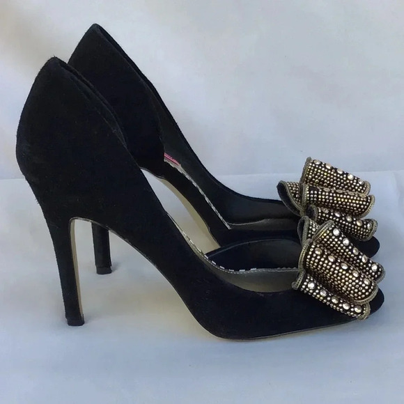 Betsey Johnson Glenda’s Black Suede Stiletto Heels With rhinestone & Bow Size 9 - Picture 1 of 10